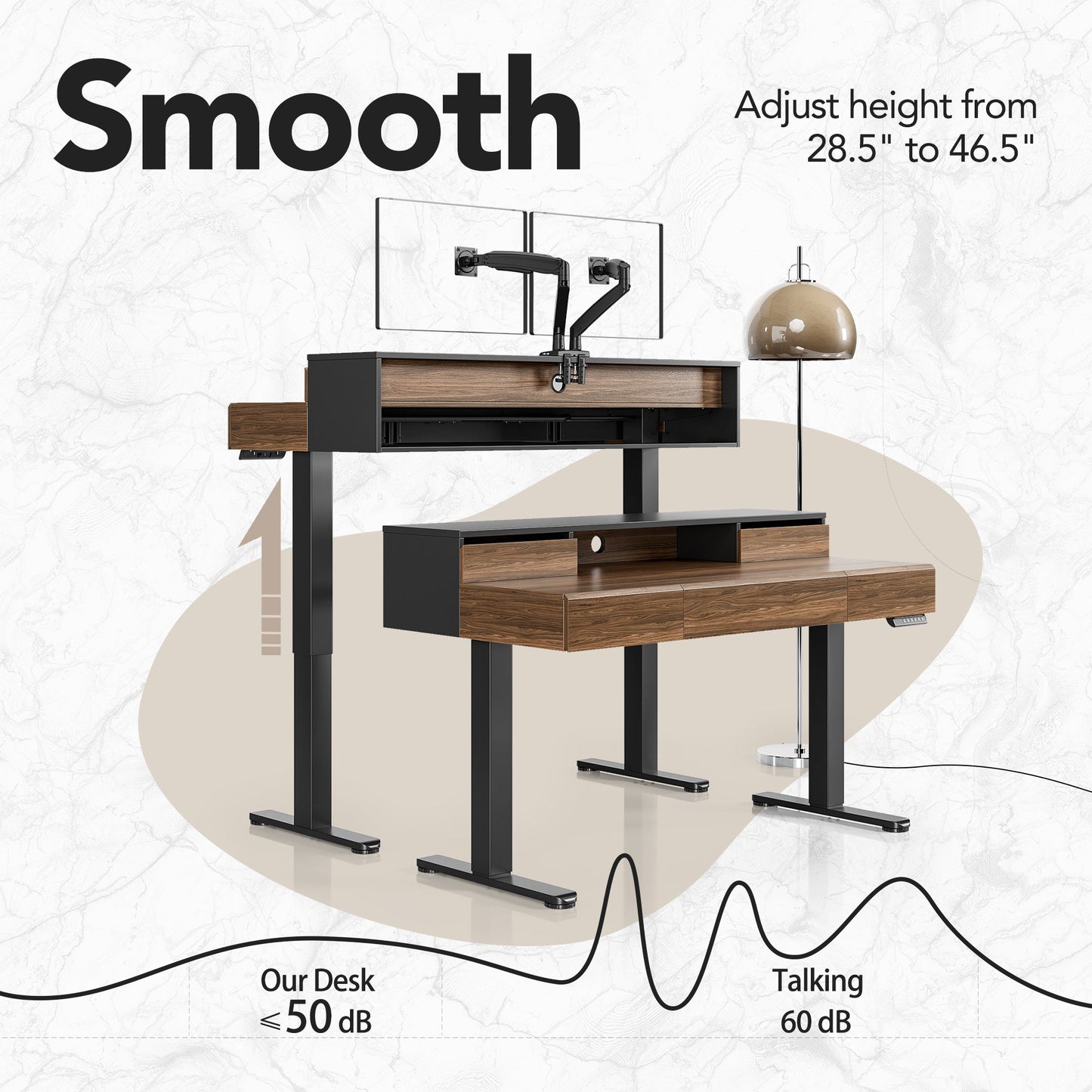 Whole - piece Desktop Standing Desk with 5 Drawers - Dark Walnut