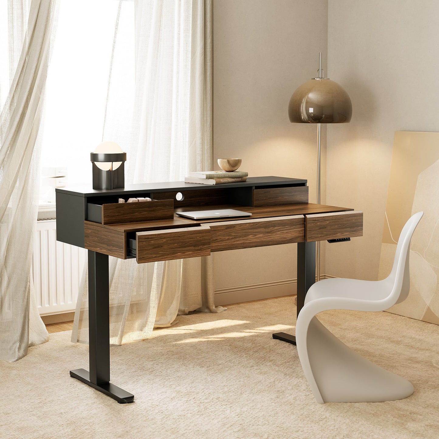 Whole - piece Desktop Standing Desk with 5 Drawers - Dark Walnut