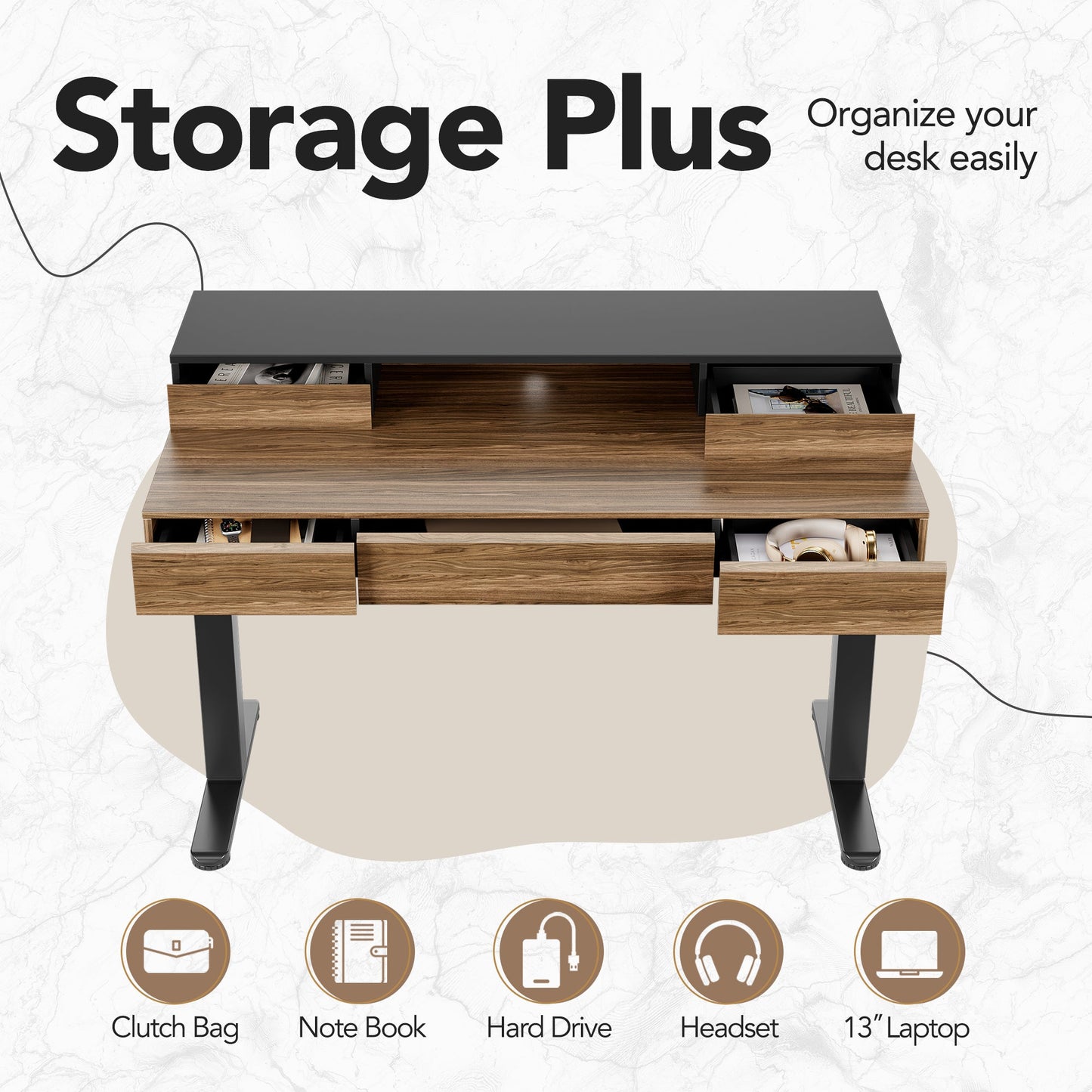 Whole - piece Desktop Standing Desk with 5 Drawers - Dark Walnut