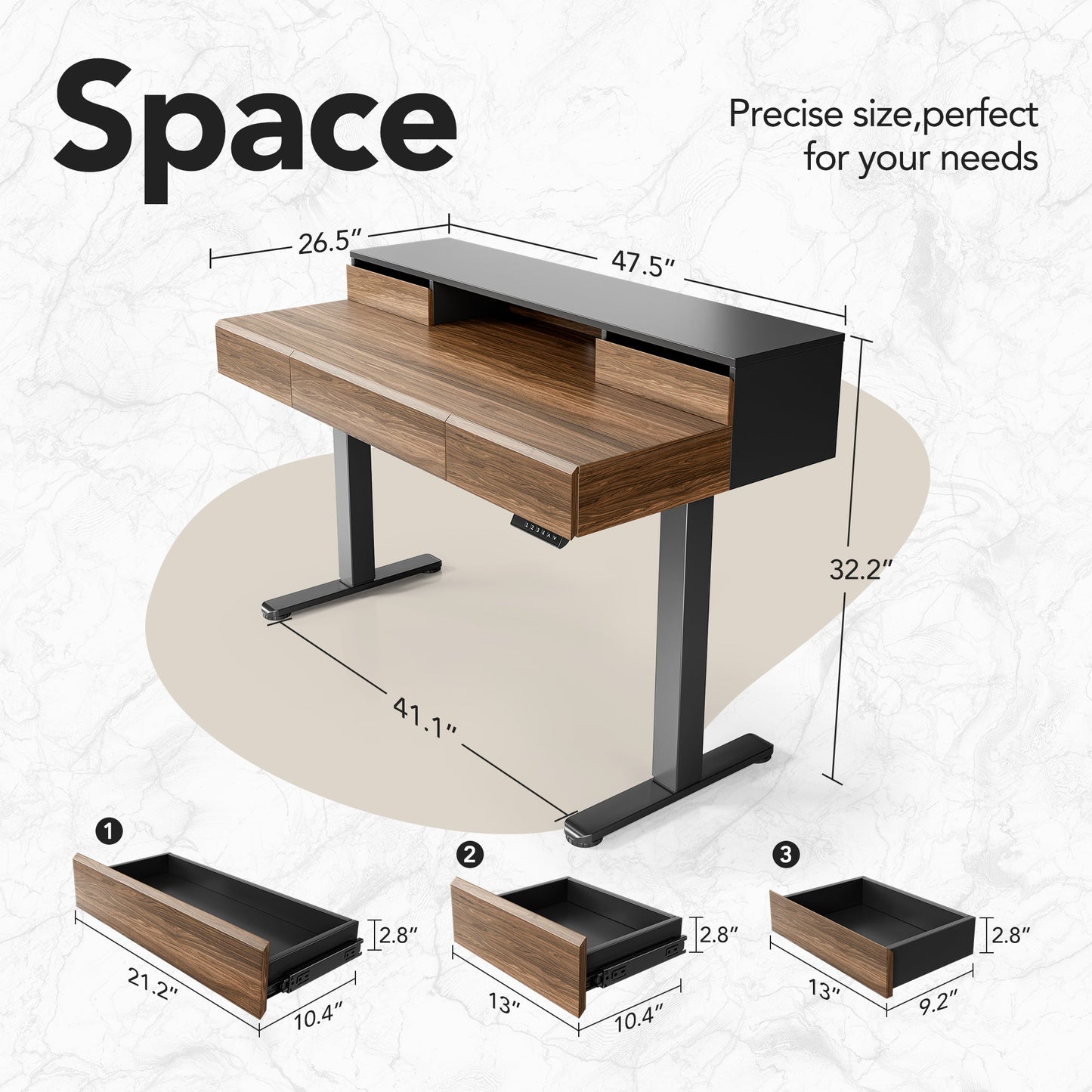Whole - piece Desktop Standing Desk with 5 Drawers - Dark Walnut