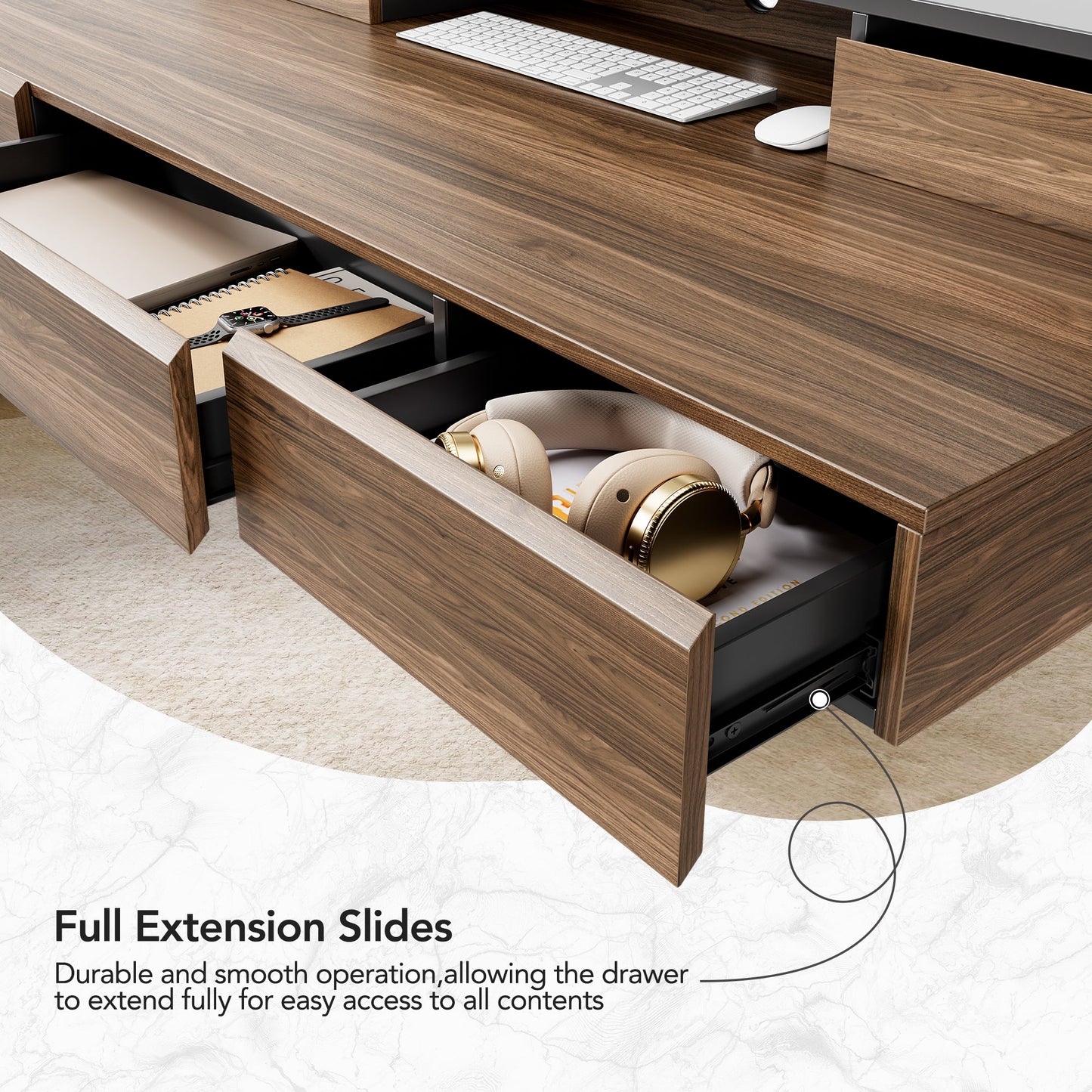 Whole - piece Desktop Standing Desk with 5 Drawers - Dark Walnut