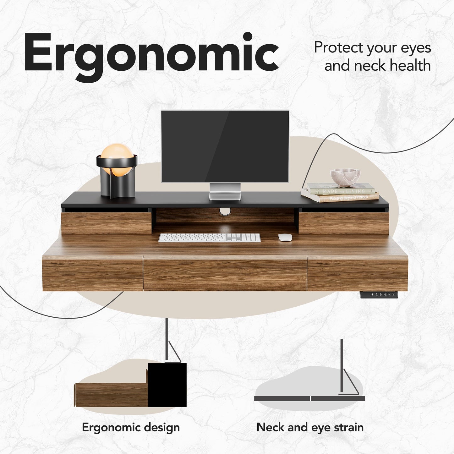 Whole - piece Desktop Standing Desk with 5 Drawers - Dark Walnut