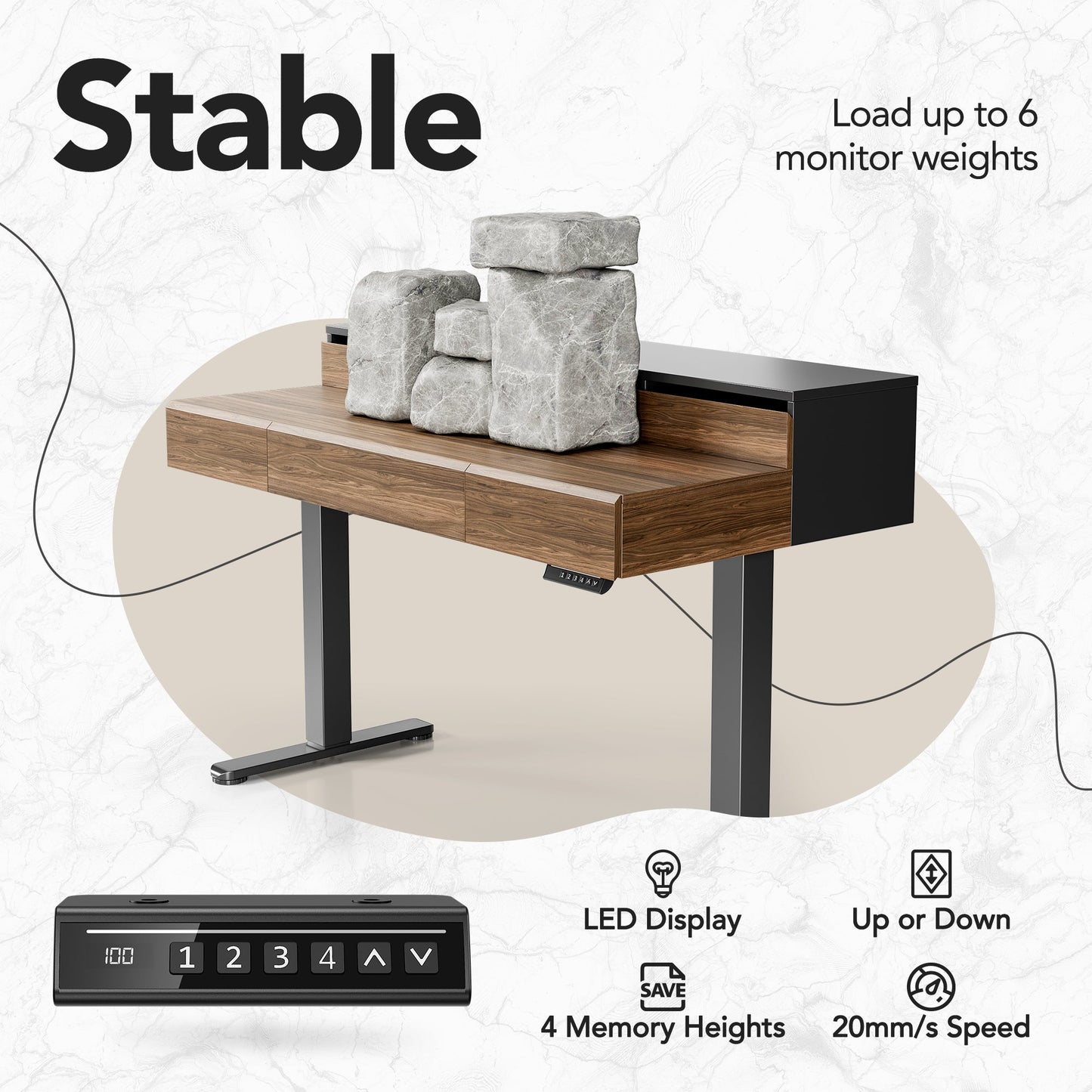 Whole - piece Desktop Standing Desk with 5 Drawers - Dark Walnut