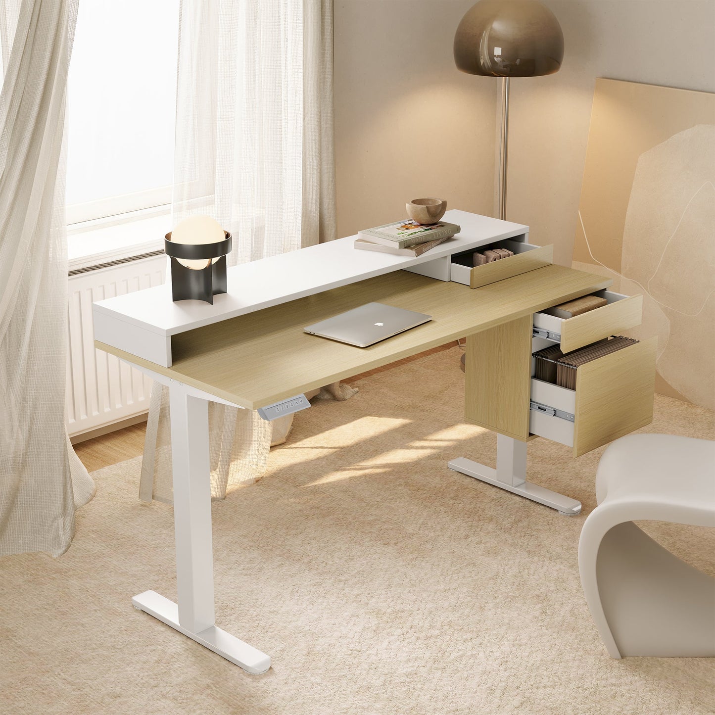 Whole - piece Standing Desk Integrated File Cabinet - Dark Walnut