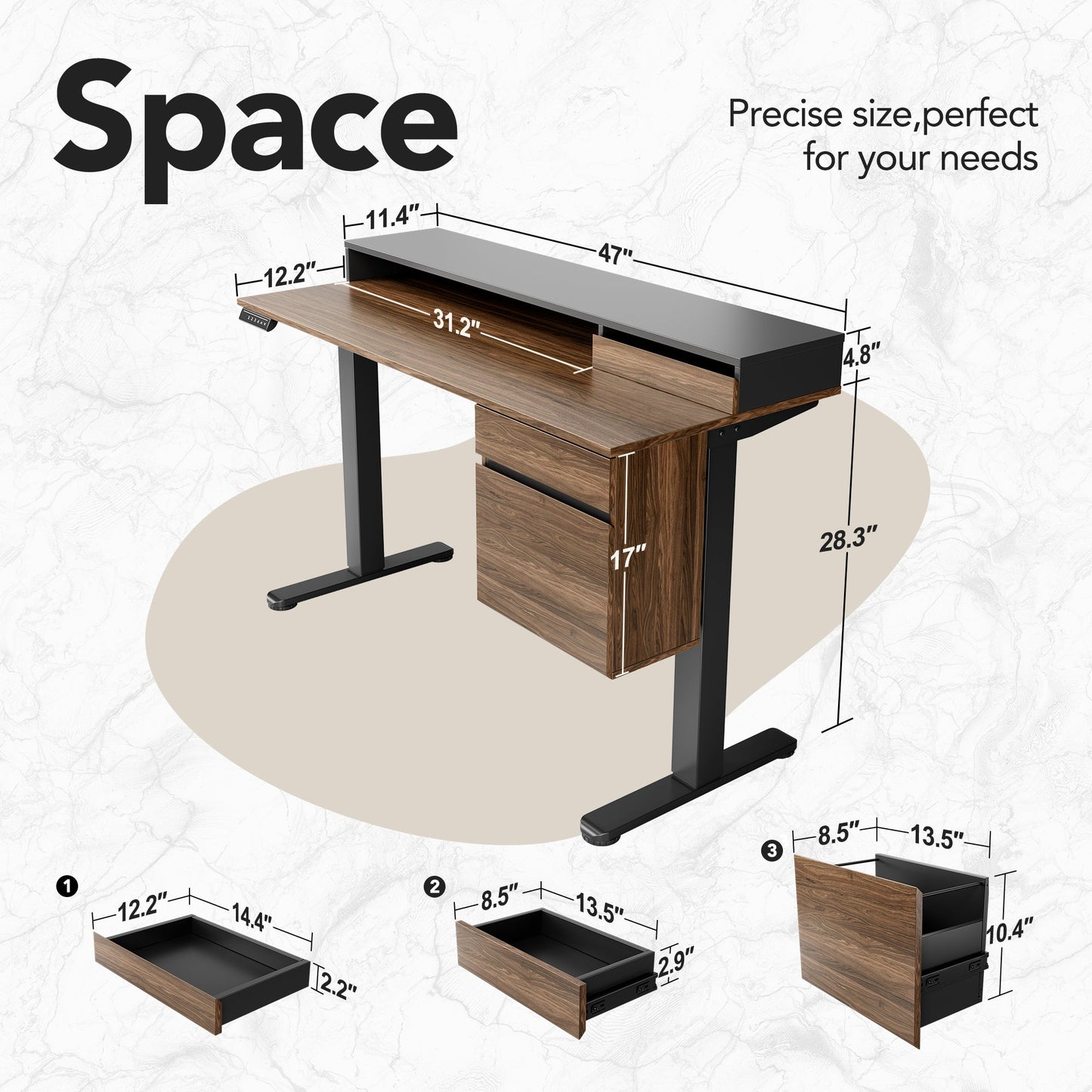 Whole - piece Standing Desk Integrated File Cabinet - Light Walnut