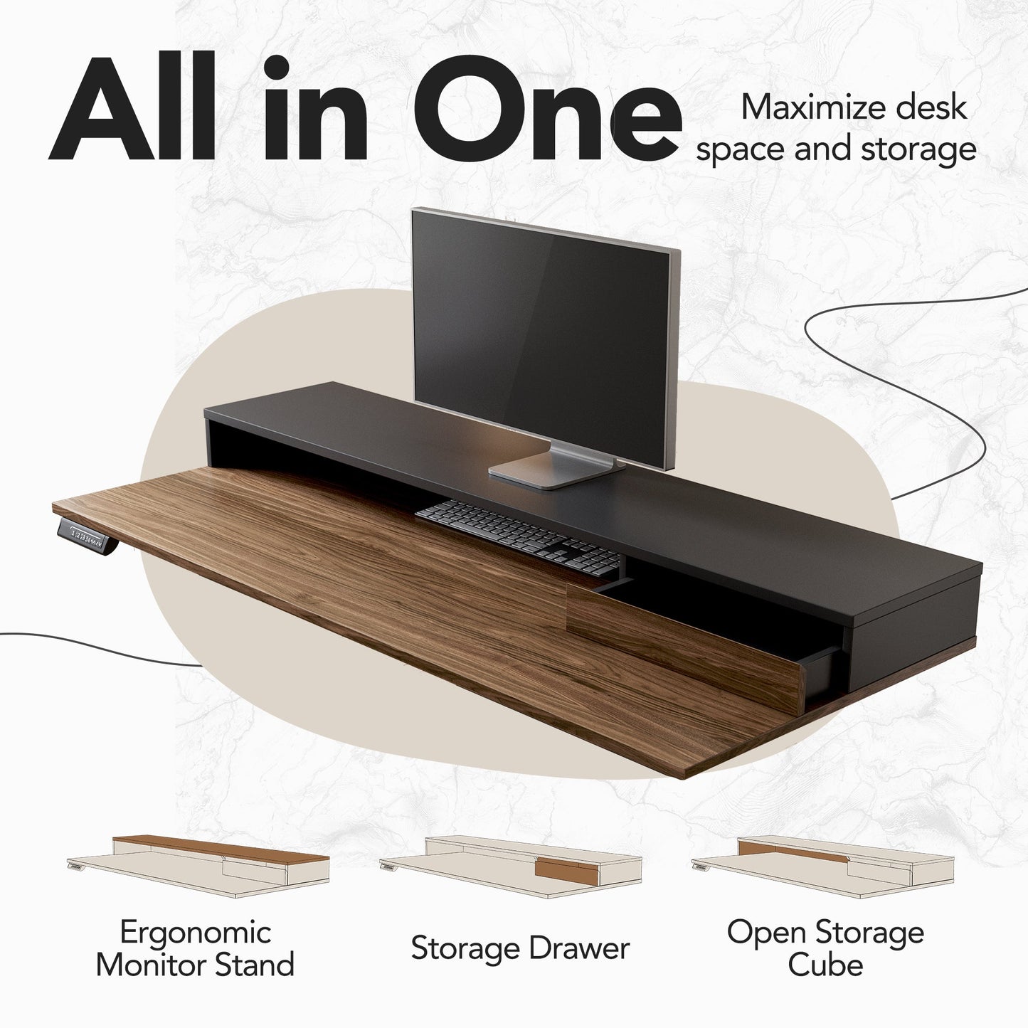 Whole - piece Standing Desk Integrated File Cabinet - Light Walnut