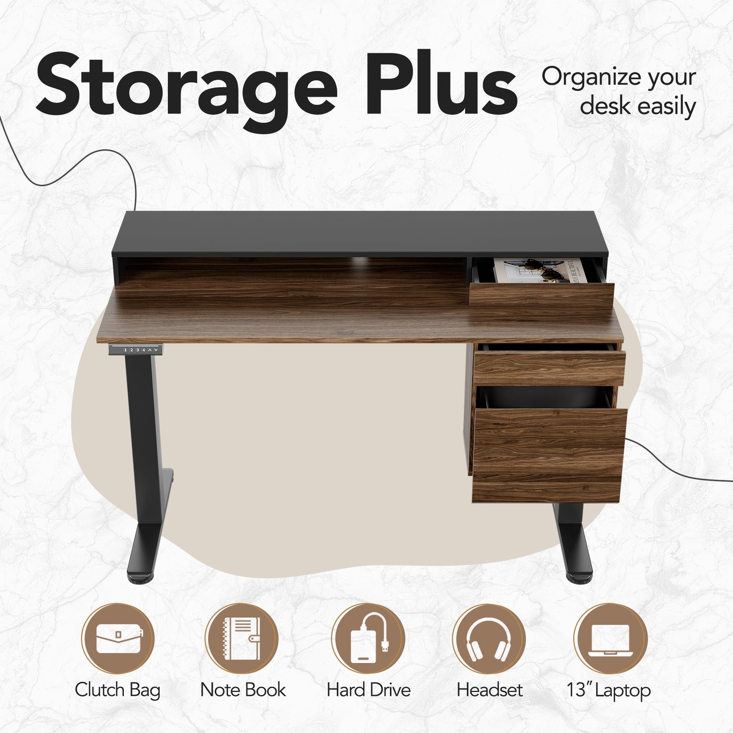 Whole - piece Standing Desk Integrated File Cabinet - Light Walnut