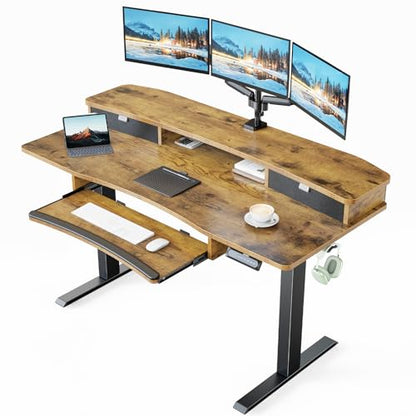 HUANUO Electric Standing Desk with Drawers & Keyboard Tray, 55” x 26” Sit Stand Desk w/Monitor Stand, C-Clamp Compatible, Adjustable Desk with 4 Preset Heights & Cable Management Tray, Vintage Brown