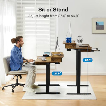 HUANUO Electric Standing Desk with Drawers & Keyboard Tray, 48” x 26” Sit Stand Desk w/Monitor Stand, C-Clamp Compatible, Adjustable Desk with 4 Preset Heights & Cable Management Tray, Vintage Brown