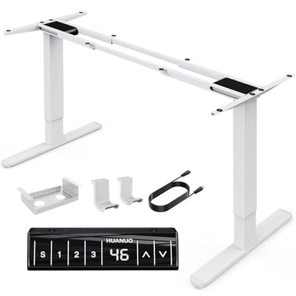 HUANUO Dual Motor Electric Standing Desk Frame, for Max 90″ x 31.5″ Desktops, Height Adjustable, with 51″ Long Motor Cable, 2 Hooks & 1 Cable Management Tray, Thick Sit Stand Up Desk Legs, Frame Only