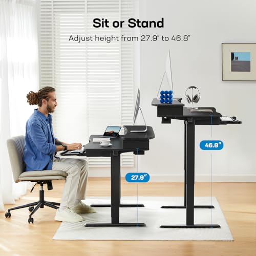 HUANUO Electric Standing Desk with Drawers & Keyboard Tray, 48” x 26” Sit Stand Desk w/Monitor Stand, C-Clamp Compatible, Adjustable Desk with 4 Preset Heights & Cable Management Tray, Black