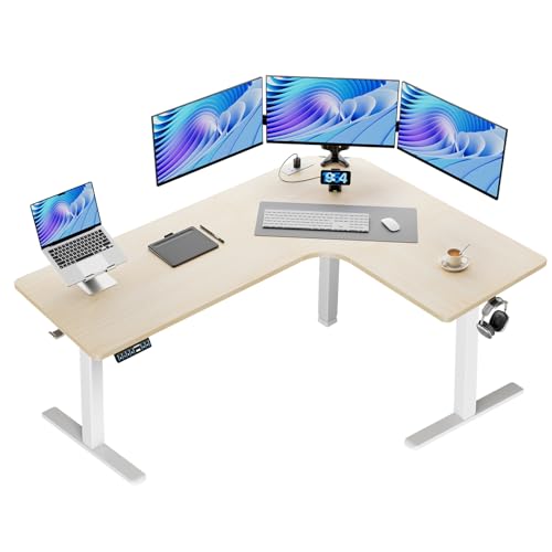 HUANUO 63″ Dual Motor L-Shaped Standing Desk, Built-in Power Outlets, Electric Height Adjustable Corner Computer Desk, Large Power Strip Holder, Sit Stand Up Desk with 3 Preset Heights, Natural Wood