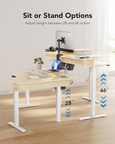 HUANUO 63″ L-Shaped Standing Desk with Power Outlets & LED Strip, Support C-Clamp Mount, Electric Height Adjustable Corner Computer Desk with 3 Drawers, Sit Stand Up Desk with Large Power Strip Holder