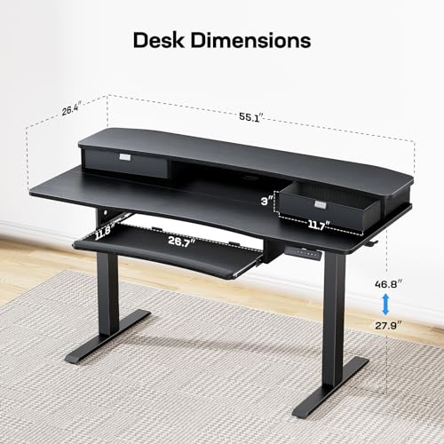 HUANUO Electric Standing Desk with Drawers & Keyboard Tray, 55″ x 26″ Sit Stand Desk w/Monitor Stand, C-Clamp Compatible, Adjustable Desk with 4 Preset Heights & Cable Management Tray, Black