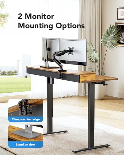 HUANUO Electric Standing Desk with Drawers & Keyboard Tray, 55” x 26” Sit Stand Desk w/Monitor Stand, C-Clamp Compatible, Adjustable Desk with 4 Preset Heights & Cable Management Tray, Vintage Brown