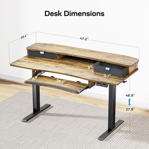 HUANUO Electric Standing Desk with Drawers & Keyboard Tray, 48” x 26” Sit Stand Desk w/Monitor Stand, C-Clamp Compatible, Adjustable Desk with 4 Preset Heights & Cable Management Tray, Vintage Brown