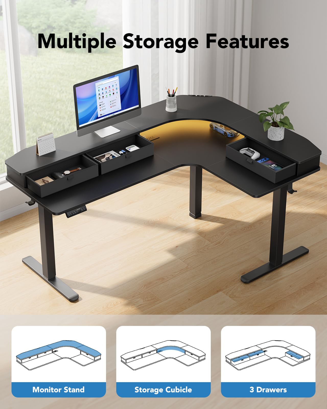 HUANUO 63″ L-Shaped Standing Desk with Power Outlets & LED Strip, Support C-Clamp Mount, Electric Height Adjustable Corner Computer Desk with 3 Drawers, Sit Stand Up Desk with Large Power Strip Holder