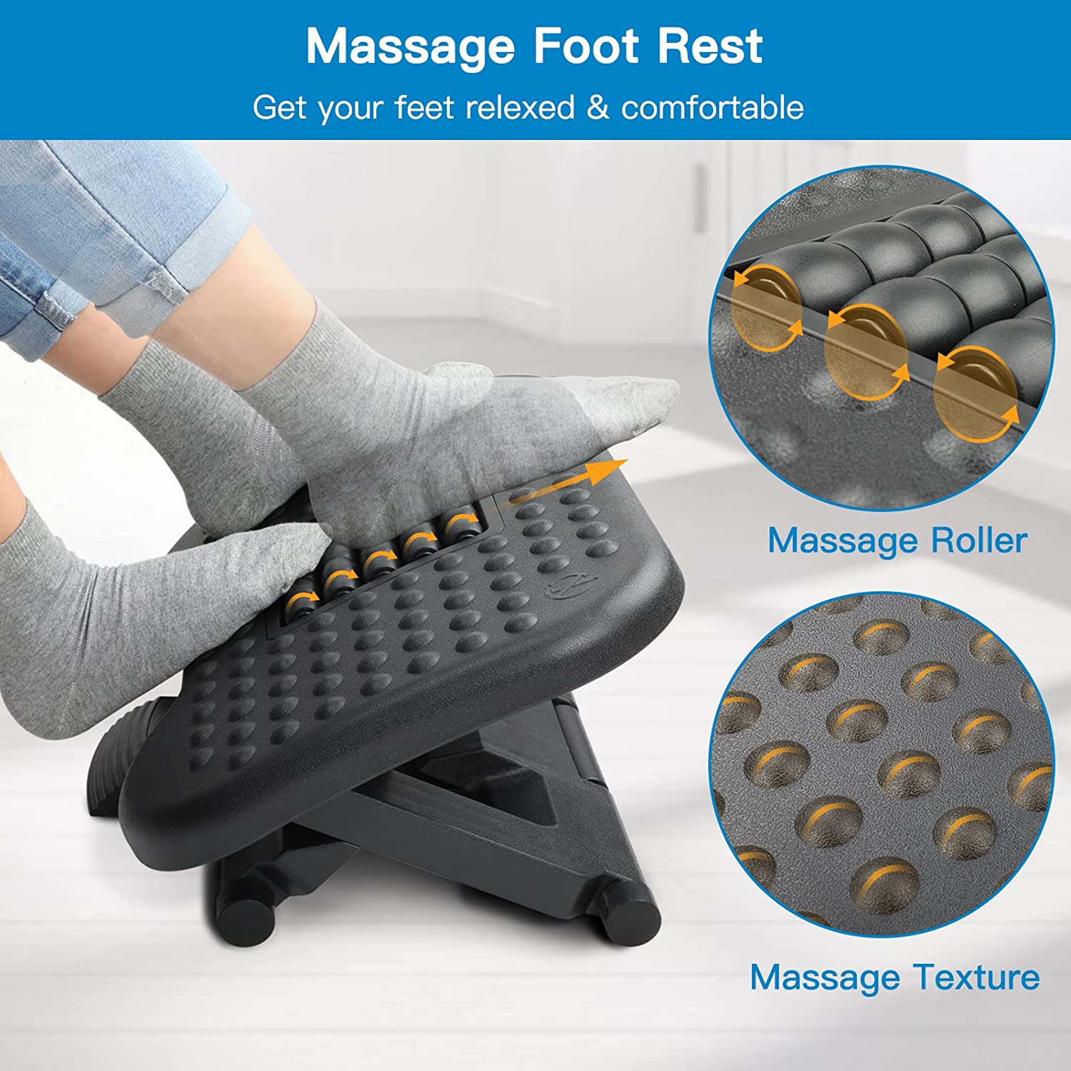 HUANUO Adjustable Under Desk Footrest, Foot Rest for Under Desk at Work  with Massage, Foot Stool Under Desk with 3 Height Position & 30 Degree Tilt